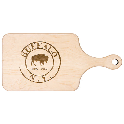 Image of Buffalo Vintage Stamp Hardwood Paddle Cutting Board, Charcuterie Board, Cheese Board with Handle | Buffalo Bills | Bills Mafia
