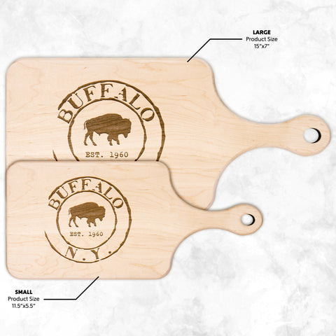 Image of Buffalo Vintage Stamp Hardwood Paddle Cutting Board, Charcuterie Board, Cheese Board with Handle | Buffalo Bills | Bills Mafia