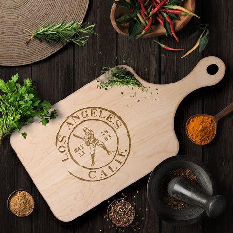 Image of Los Angeles Baseball Vintage Stamp Hardwood Paddle Cutting Board, Charcuterie Board, Cheese Board with Handle