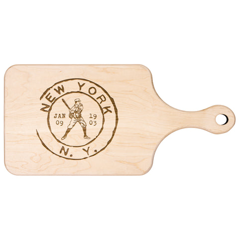 Image of New York Baseball Vintage Stamp Hardwood Paddle Cutting Board, Charcuterie Board, Cheese Board with Handle